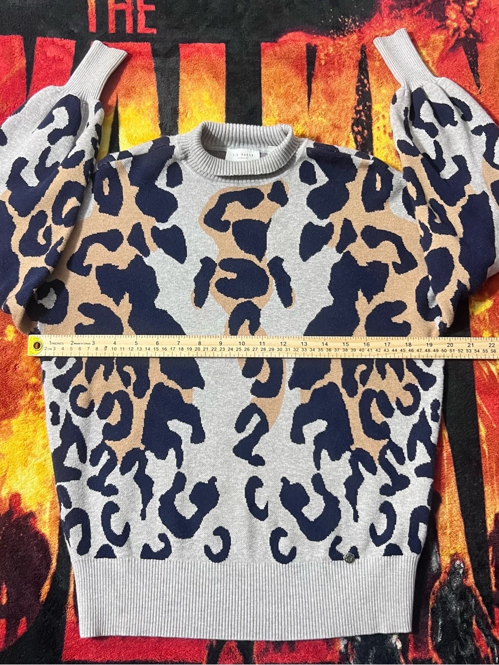 Ted Baker Leopard Print Crewneck Sweater - Gray, Navy & Tan